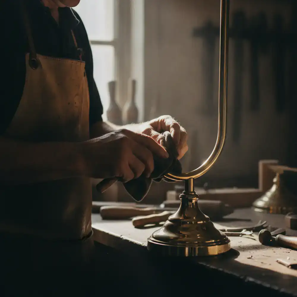 Close-up view of a master artisan polishing a solid brass lamp base