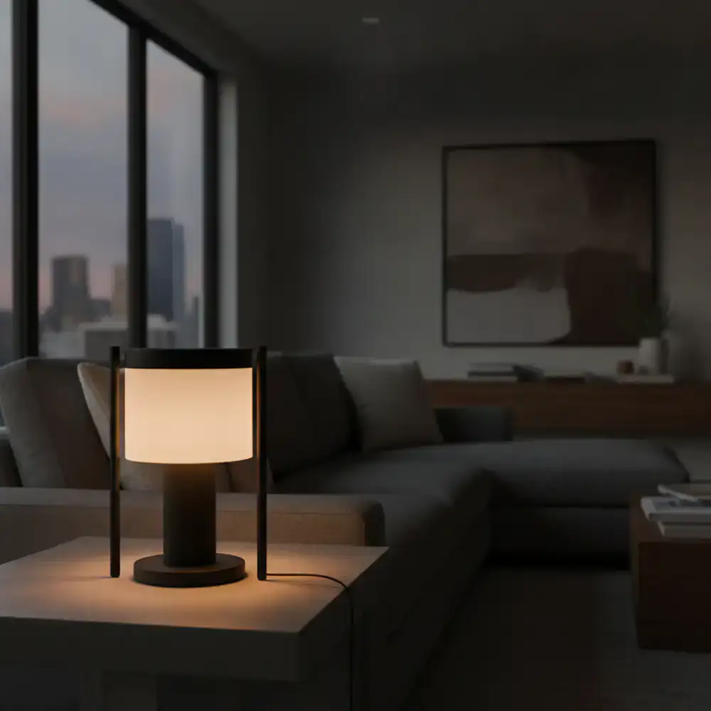 Elegant minimalist table lamp casting a warm glow in a contemporary living space