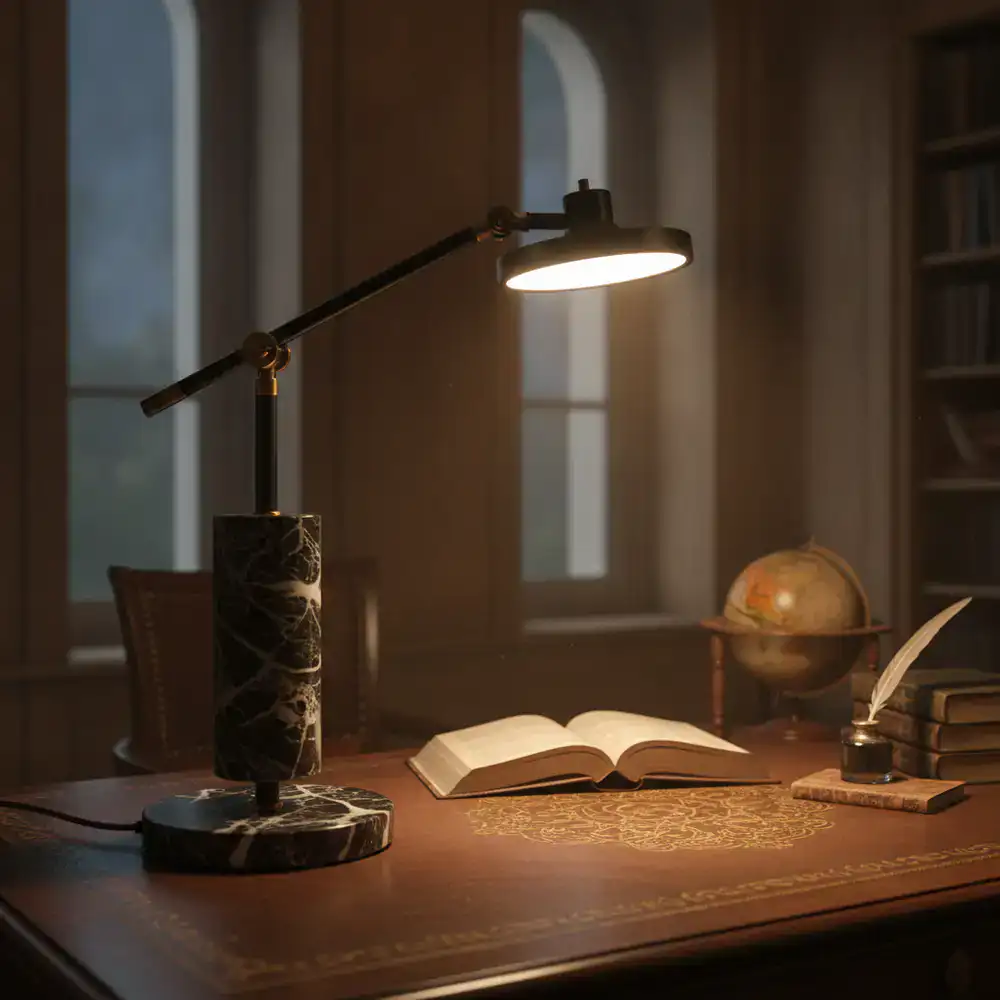 Architectural lamp with a heavy marble base on a study desk